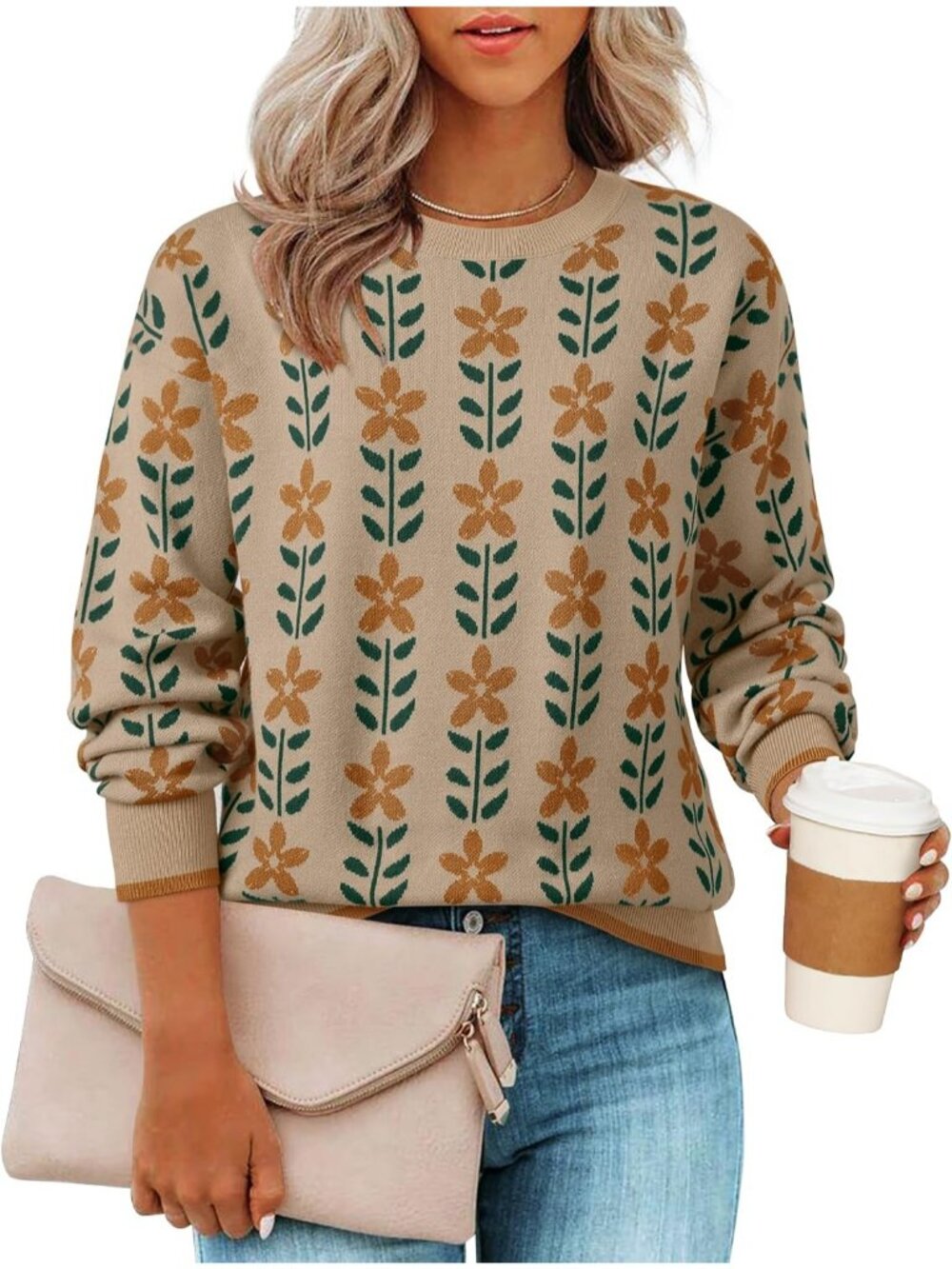 Women's Khaki Long Sleeve Crewneck Printed Knitted Oversized Pullover Sweaters